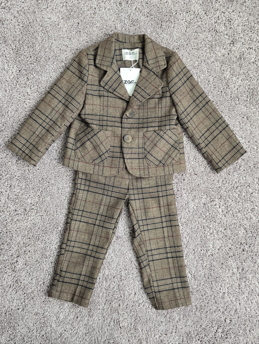 iZar Kids Boys Plaid Suit 2-Piece Blazer Jacket & Pants Set Brown Beige 7